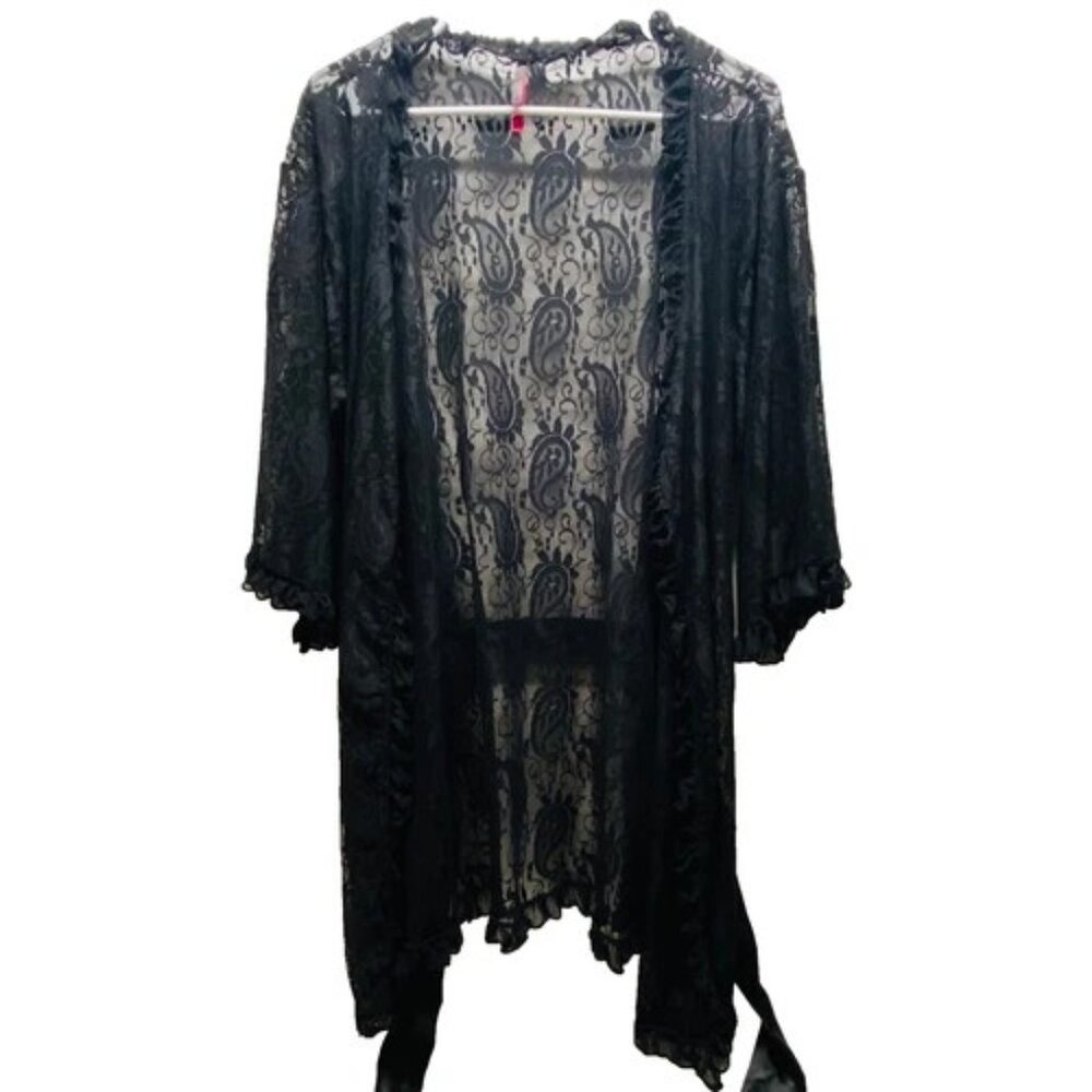 Seven Til Midnight Lace Kimono‎ Robe Women's M/L Belted Black 3/4 Sleeve EUC